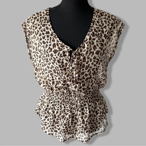 Flying Tomato Leopard Print Semi Sheer Elastic Waist Blouse - Picture 1 of 12